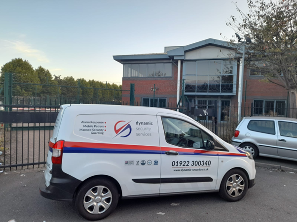 The Dynamic Security Services mobile patrol vehicle outside the vacant commercial property in Birmingham.